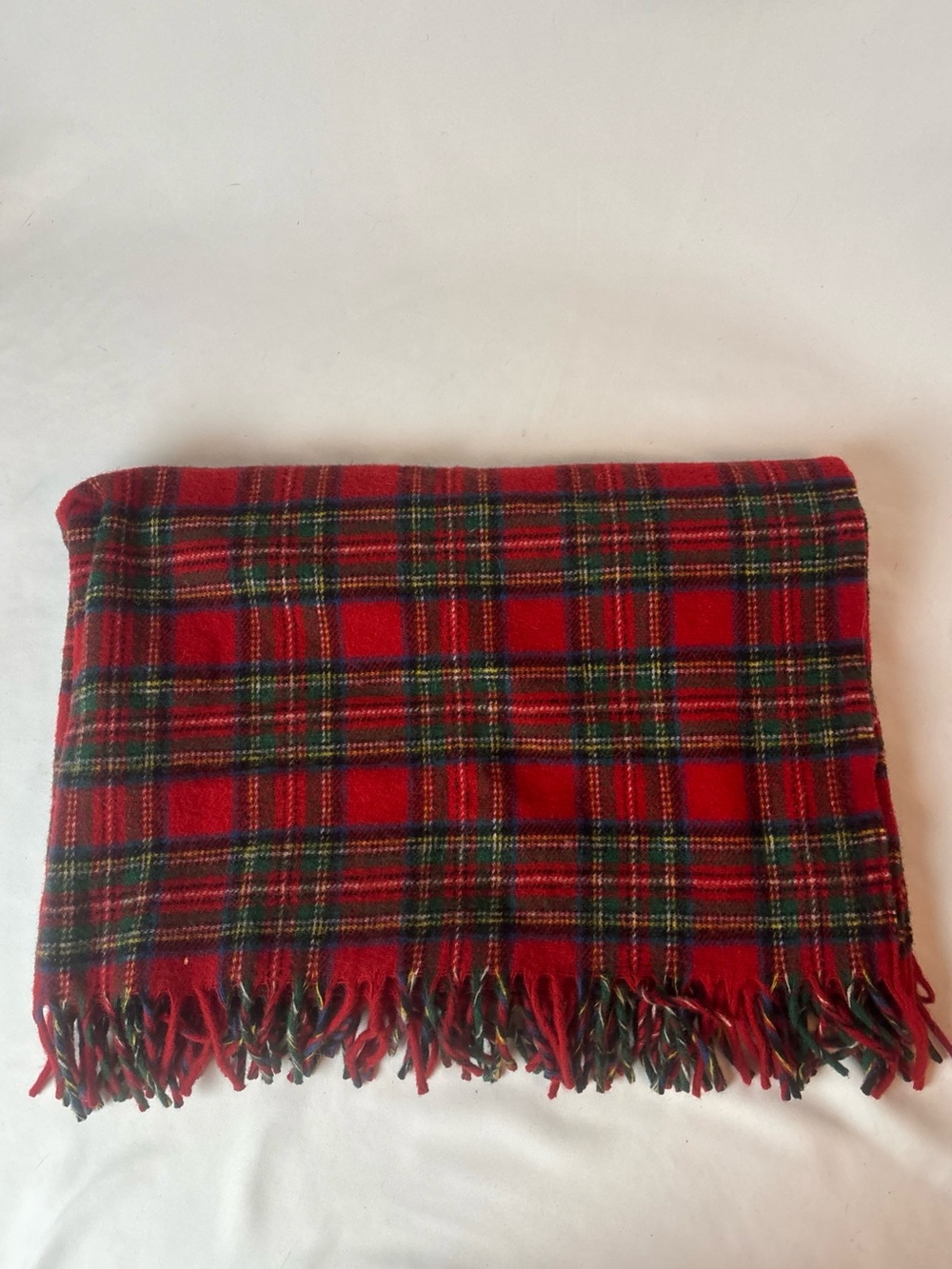 Lands End Coming Home 100% Wool Red Plaid Tartan Blanket Fringe Made In USA